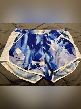 Under Armour Women’s Blue Geometric Running Shorts with White Trim